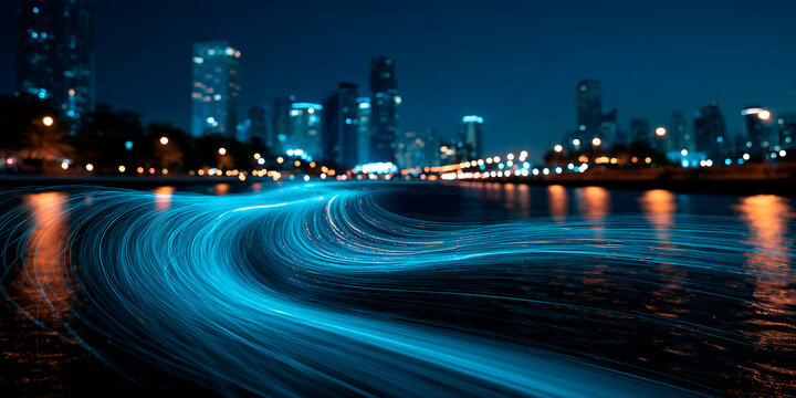 Glowing digital streams flow through city river at night. Futuristic AI analyzes data visualizing urban network. Smart city tech predicts future events, manages water resources, preventing disasters