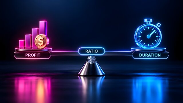 Neon glowing balance scale comparing profit margin with time duration illustrating business efficiency and financial ratio.