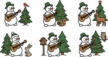 Fototapeta premium Snowman playing guitar with forest animals and Christmas trees, flat vector illustration set for holiday season greeting cards and winter decorations