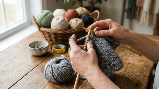 Close up of person knitting with grey wool and wooden needles on a rustic surface.