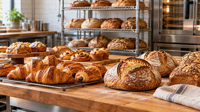 Artisan bakery display with fresh bread and pastries