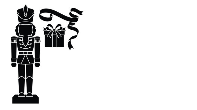 Black silhouette nutcracker vector illustration, Christmas holiday soldier with gift box and ribbon isolated on White Background editable eps