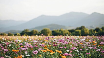 Naklejka premium A wide field of colorful wildflowers in pink, orange, and white blooming under a soft sky with blurred mountains in the distance