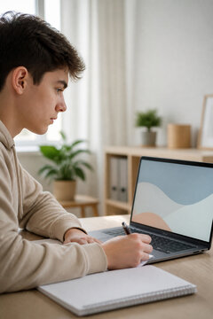 Teenage Student Studying Online with Laptop and Taking Notes at Home