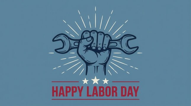 A celebratory American Labor Day graphic featuring a hand holding a wrench.