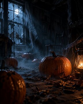 A spooky, dimly lit room filled with pumpkins and cobwebs, with a broken window revealing a moonlit night.
