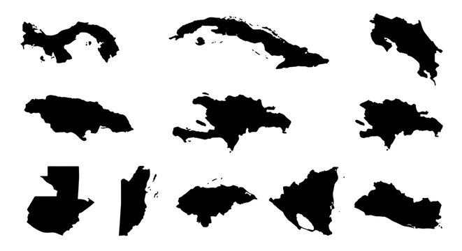 Central American and Caribbean maps silhouettes set with Cuba, Jamaica, Haiti, Dominican Republic, Panama, Costa Rica, Guatemala, Belize, Honduras