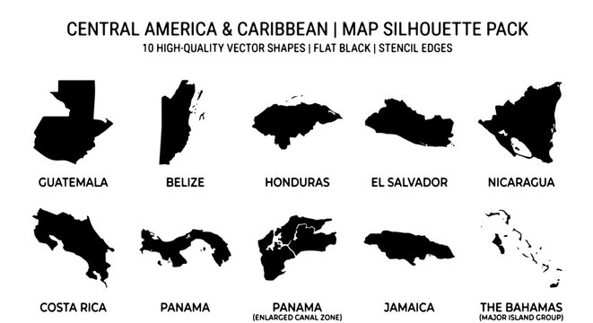 Central America and Caribbean maps silhouettes set with Guatemala, Belize, Honduras, El Salvador and Nicaragua for travel and infographic
