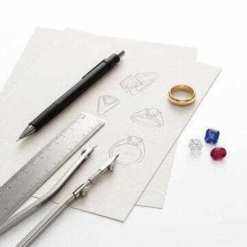 Jewelry design process with ring sketches and precious gemstones in a bright clean flat lay for luxury craftsmanship.