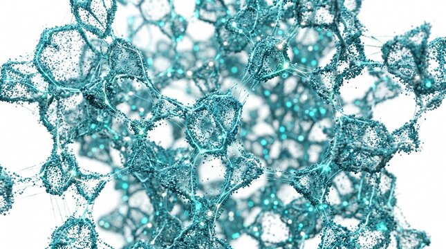 Abstract ice crystal structure, microscopic view of blue lattice background, frozen molecular geometric pattern isolated on white