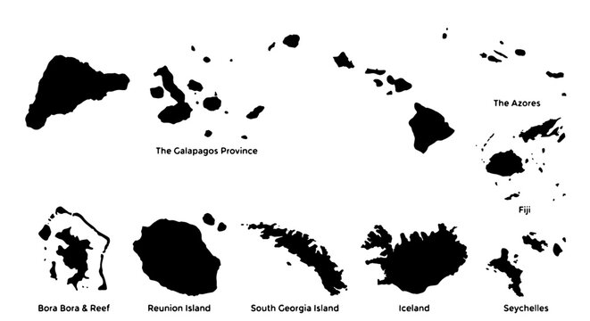 Island silhouettes set with Galapagos, Hawaii, Azores, Fiji, Iceland, Seychelles, Bora Bora and Reunion for travel map