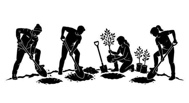 People planting trees silhouettes set with shovels and saplings for environmental conservation and gardening logo