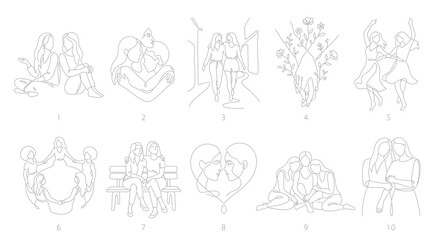 Fototapeta premium Sisterhood line art set with women embracing, dancing and holding hands, friendship and support for logos