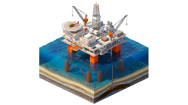 Isometric offshore oil platform drilling rig in the ocean geological cross section