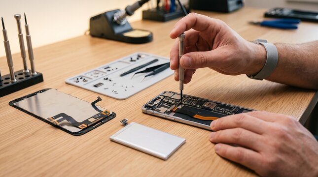 Close-up of hands repairing a smartphone with tools on a wooden table