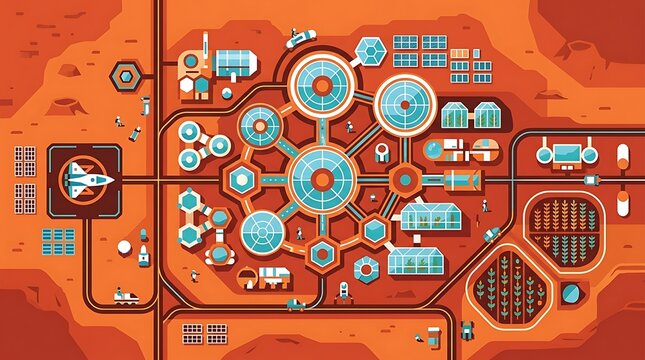 Mars settlement colony base in flat vector style