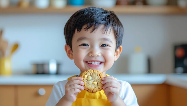 Portrait of a smiling cute little Asian boy holding a chocolate chip cookie in the kitchen. Happy child eating sweet homemade dessert, representing childhood snack time and baking.