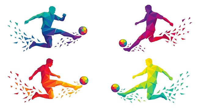Vibrant Low Poly Soccer Player Silhouettes Kicking Balls Dynamic Geometric Art Set