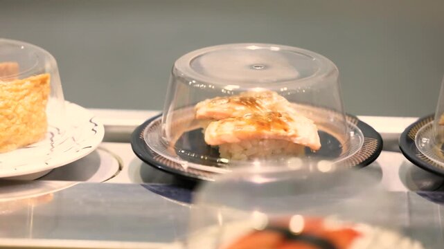 Nigiri sushi plates with clear lids move along a conveyor belt in restaurant