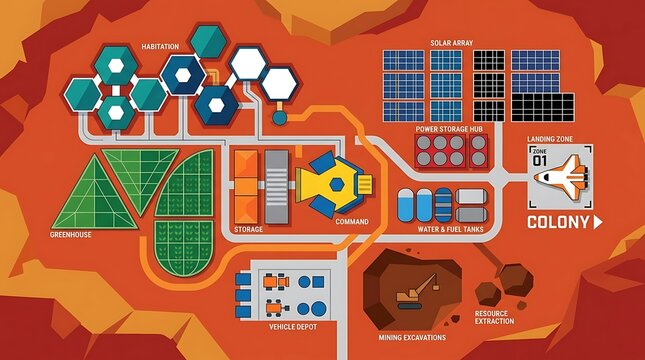 Mars settlement colony flat vector map with futuristic base modules