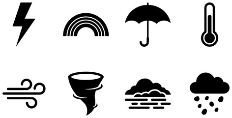 Fototapeta premium Weather icons set with lightning, rainbow, umbrella, thermometer, wind, tornado, clouds and rain for forecasting and climate