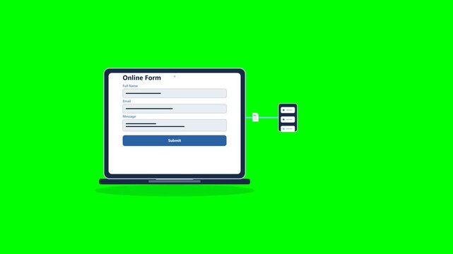 Professional 2D flat vector motion graphics animation of an online form submission from laptop to server with animated typing, mouse click, data transfer line, and confirmation card 