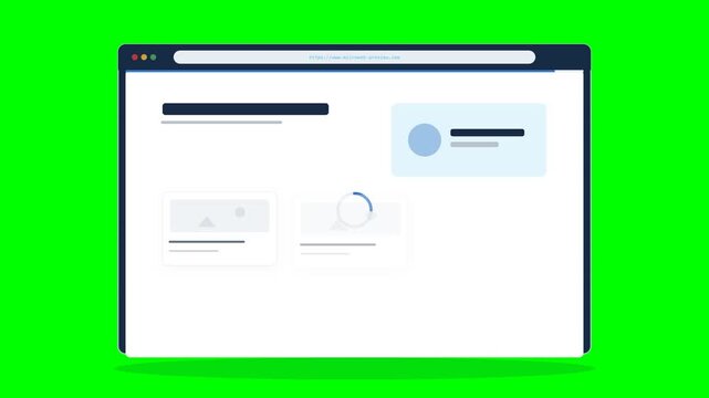 Professional 2D flat vector motion graphics animation of a web browser window loading with animated progress bar, spinning loader, staggered content rendering, and clean UI elements on solid green 