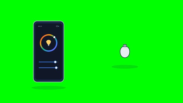 Professional 2D flat vector motion graphics animation of a smartphone running a smart bulb app with spinning RGB color picker wheel, synchronized moving slider bars, dynamic icon color changes