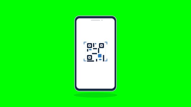 Professional 2D flat vector motion graphics animation of a smartphone scanning a QR code displayed directly inside its screen, complete with moving scanner laser line, highlight flash
