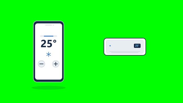 Professional 2D flat vector motion graphics animation of a smartphone user adjusting AC temperature from 28C to 24C, sending wireless signal waves, and activating cool airflow on solid green 