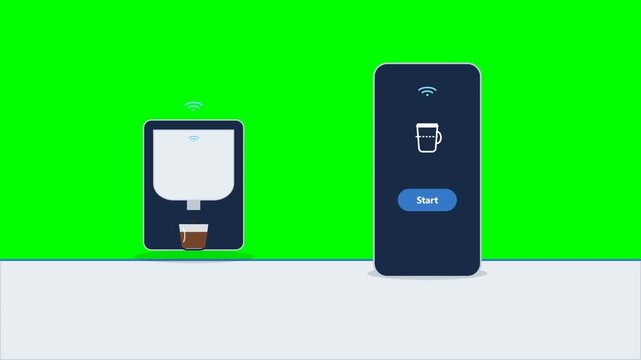 Professional 2D flat vector motion graphics animation of a smartphone showing Start button, sending wireless signals, and triggering a coffee maker to brew coffee into a visible glass carafe