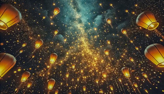 Ascending Golden Lights in a Midnight Blue Sky