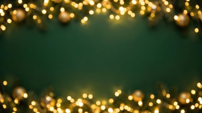 Christmas Background of Gold Bokeh Over Dark Green. Festive Holiday Lights and Ornaments Create a Warm, Elegant Atmosphere.