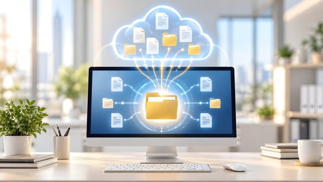 Desktop computer connected to cloud storage network showing secure file synchronization and backup