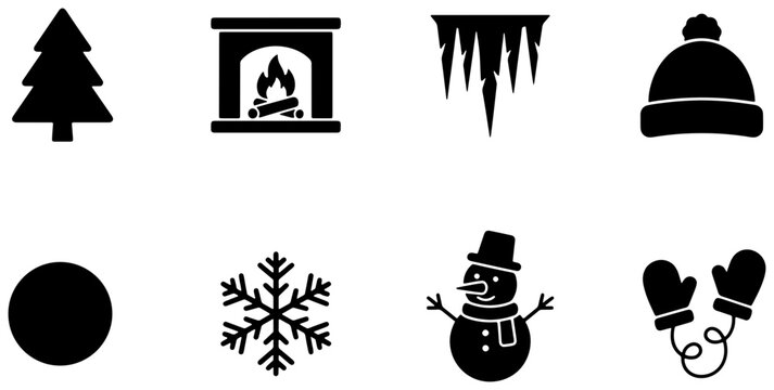 Winter season silhouettes set with Christmas tree, fireplace, icicles, beanie, snowflake, snowman and mittens for holiday design