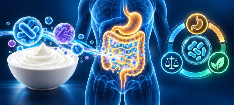 Human digestive system with glowing microbiome bacteria and bowl of probiotic yogurt