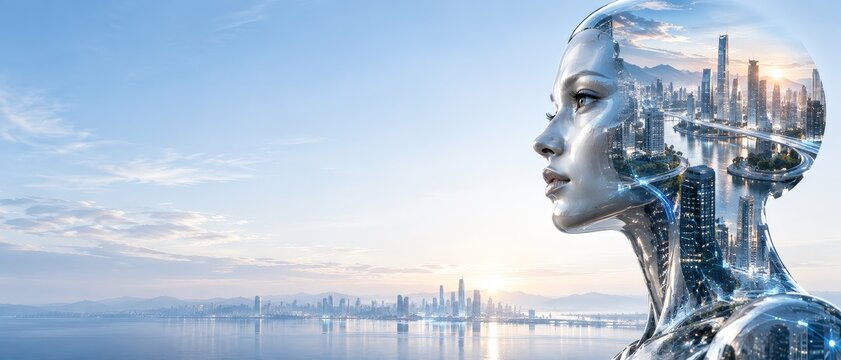 Silver Humanoid Robot Profile with Futuristic City Skyline and Blue Sky Copy Space