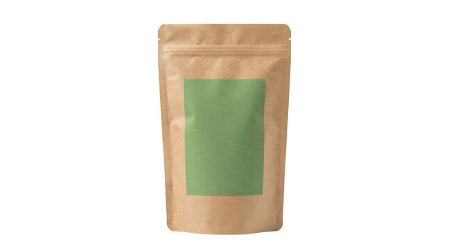Realistic mockup of a brown kraft paper pouch with a green label ready for branding and product presentation isolated on transparent background