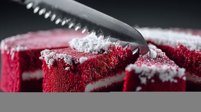 Close-up of a red velvet cake being carefully sliced with a serrated knife against a dark backdrop, focusing on the smooth texture of the cake.