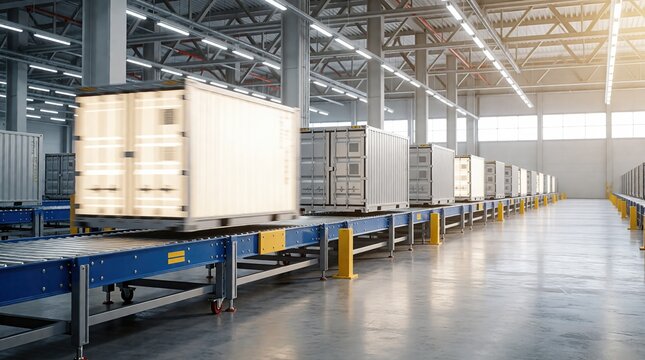 Modern Logistics Warehouse Interior with Shipping Containers and Pallet Jacks
