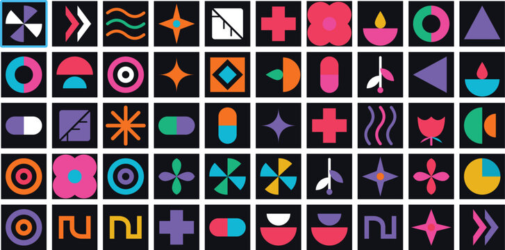 modern abstract geometric vector symbols and minimalist decorative icons, arranged in a clean organized grid on a dark navy background
