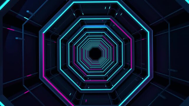 Cyberpunk Neon Octagonal Tunnel with Moving Light Trails Seamless Loop