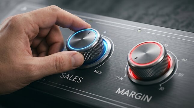 Close-up of hand adjusting sales knob on control panel, business growth concept