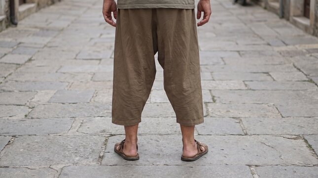 Cropped view of person in brown trousers standing on stone pathway