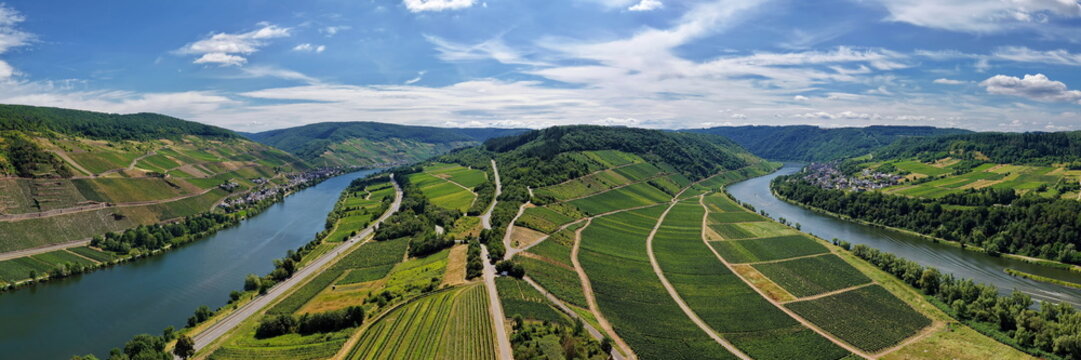 Beeindruckende Luftaufnahme der weiten Moselschleife am Zeller Hamm bei sommerlichem Wetter, gepr&auml;gt von saftig gr&uuml;nen Weinh&auml;ngen und dem gewundenen Flusslauf der Mosel.