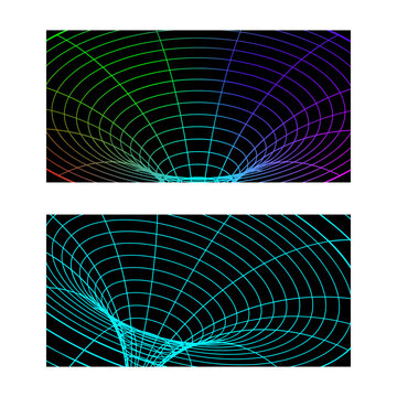 Vector futuristic iridescent funnel. Abstract wireframe space tunnel. Gravitational distortion. 3D surface. 80s wire art. Cosmic curved hole. Perspective grid. Movement technologies in universe
