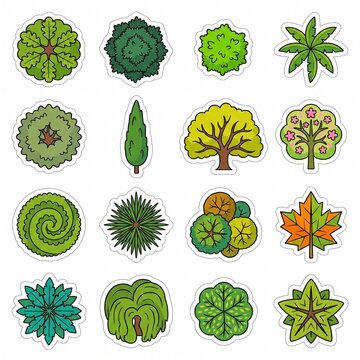 Collection of 16 different trees in top view, flat cartoon vector illustration. Aerial view of various tree sinopsis including oak, pine, palm, baobab, cherry blossom, maple, willow, fir and spruce.