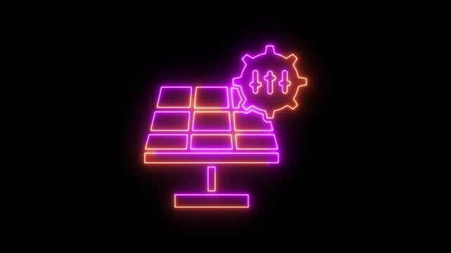 Neon glowing icon of a solar panel with a gear and equalizer settings symbol, representing renewable energy optimization and smart solar power management technology