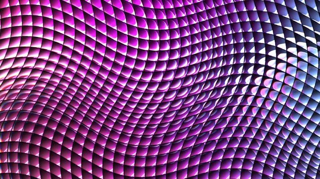 Shimmering iridescent metallic scales undulate in a mesmerizing digital motion graphic video display featuring vibrant magenta and blue color gradients reflecting ambient light brilliantly
