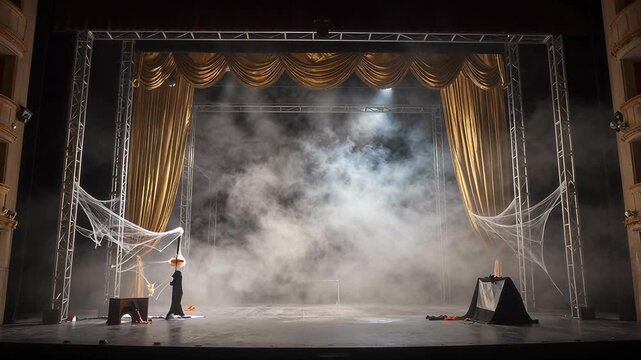 Mysterious Whispers on Stage Amidst Fog and Shadows